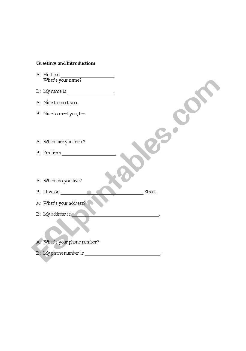 Greetings and Introductions worksheet