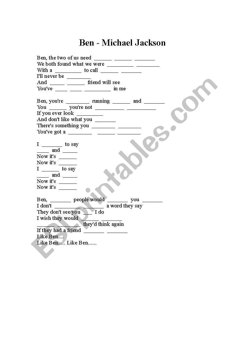 ben lyric blank worksheet