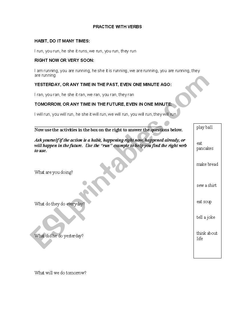 Practice With Verbs worksheet