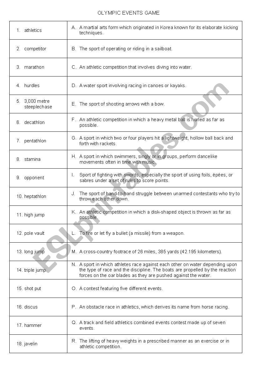 Olympic Events game worksheet