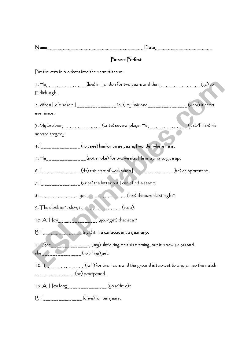 present perfect worksheet