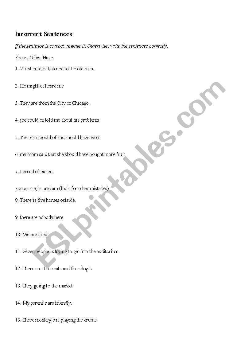 Incorrect Sentences Of vs. Have, Is, Am, Are