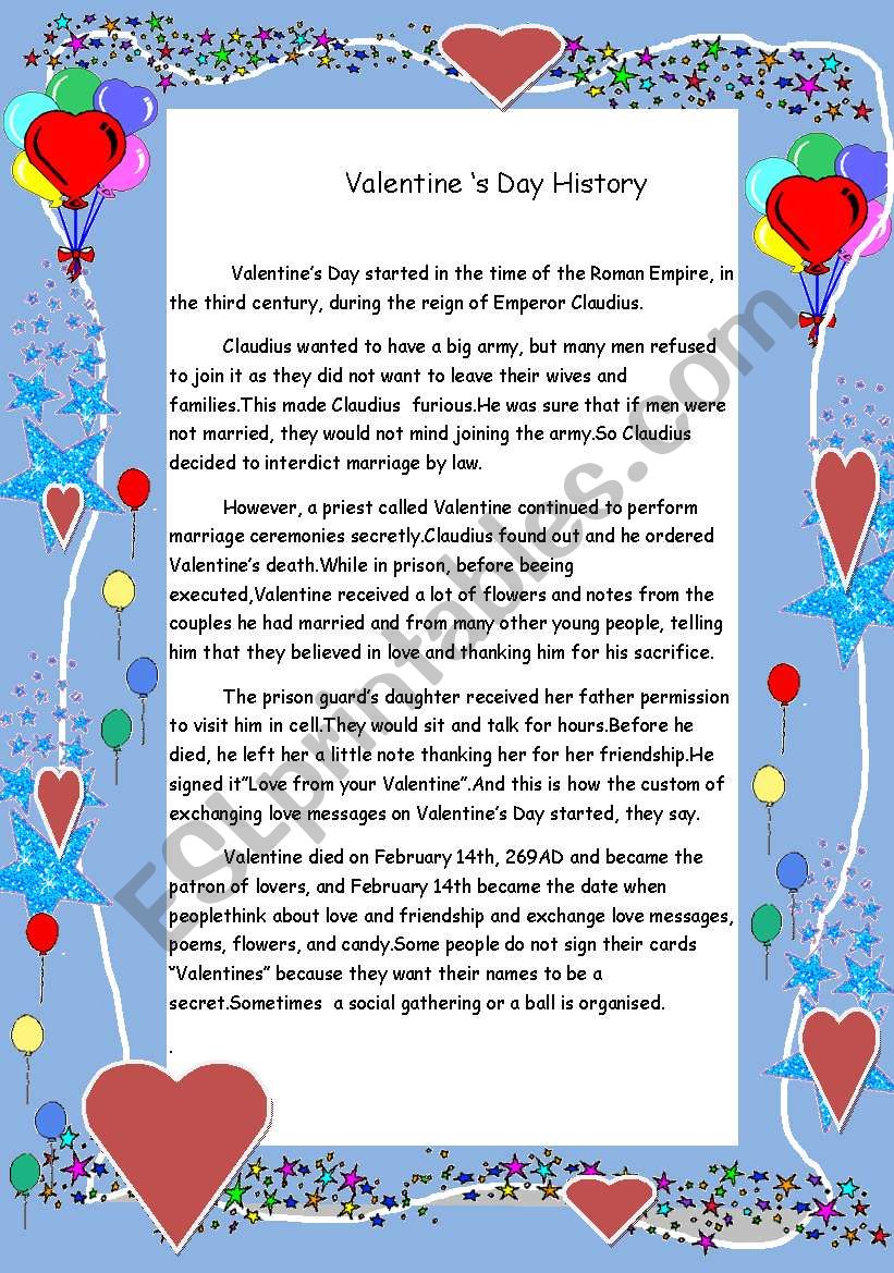 History Of Valentine S Day For Kids Printable