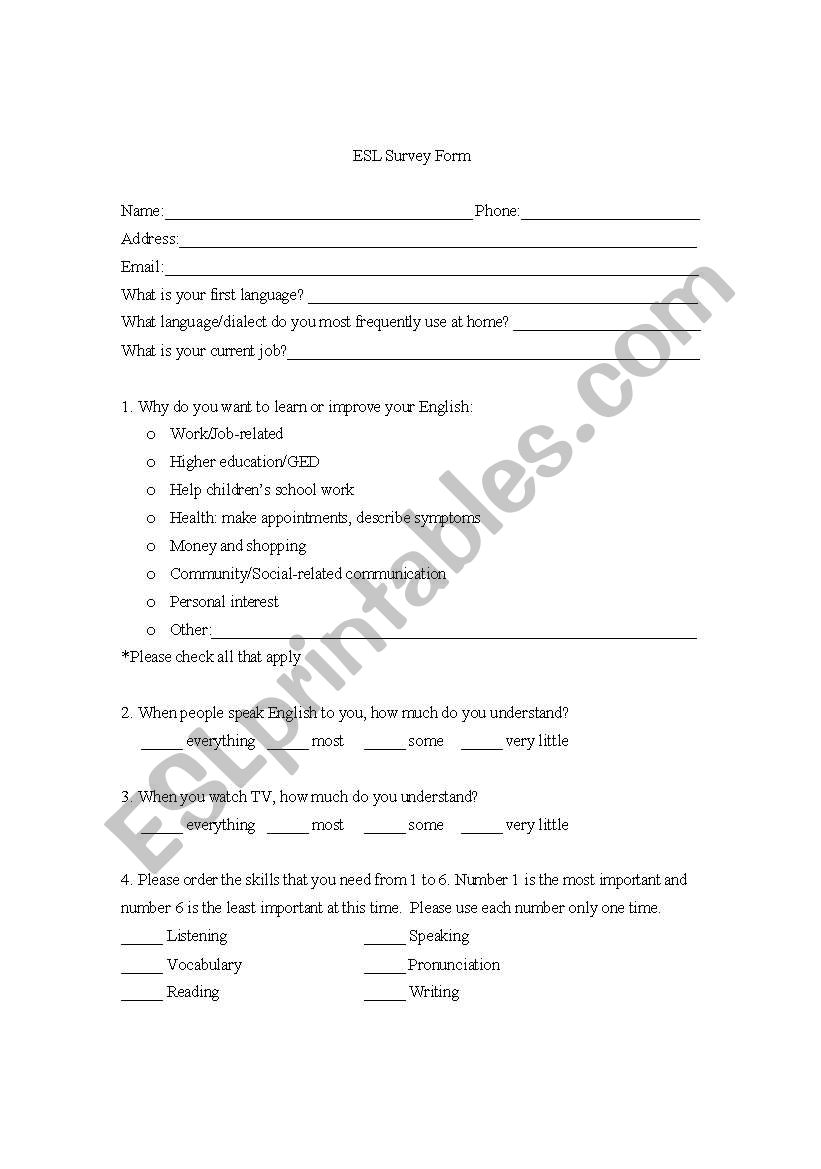 ESL survey worksheet