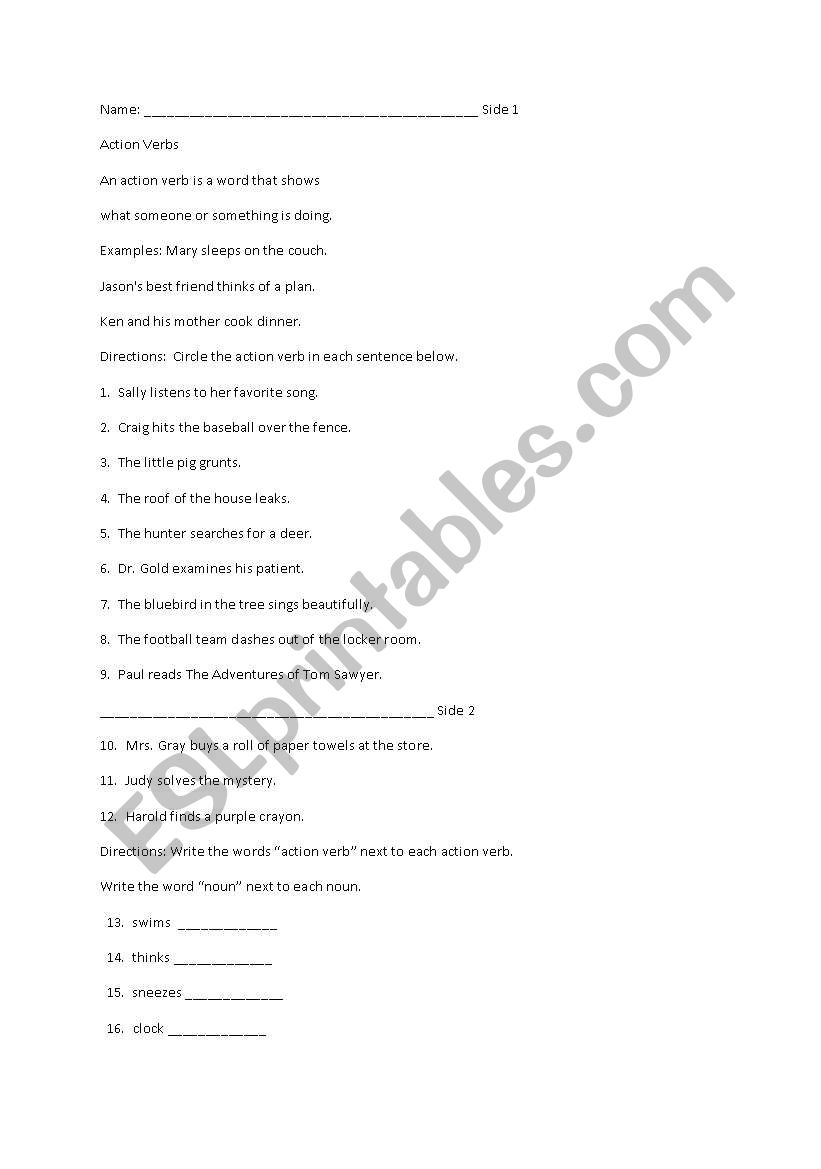 Action Verbs worksheet