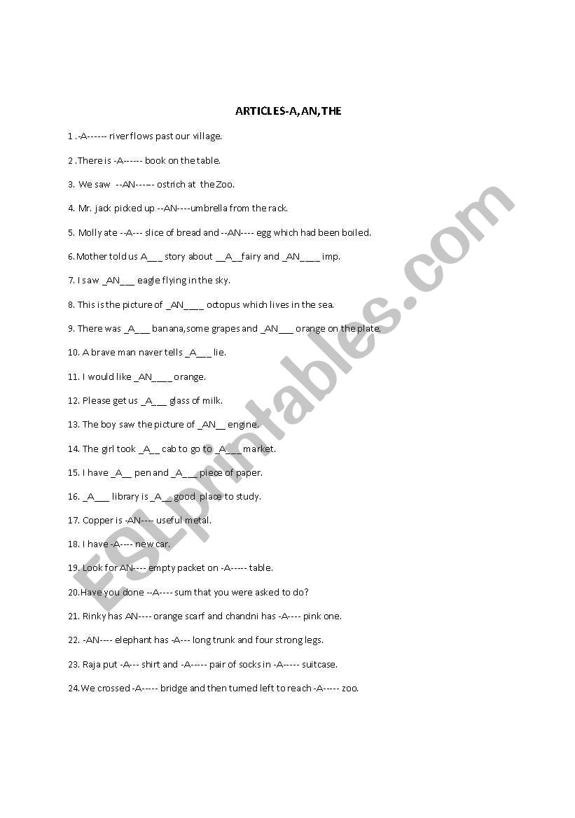 Articles worksheet