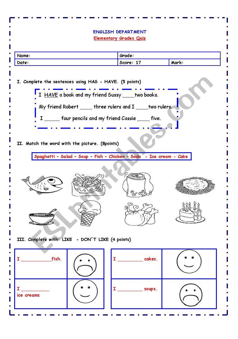 HAS / HAVE - FOOD VOCABULARY - LIKE /DON´T LIKE QUIZ - ESL worksheet by ...