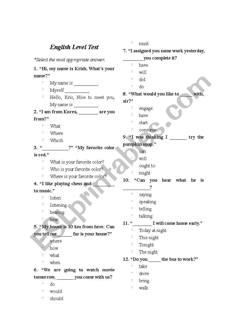 Level Test for beginners worksheet