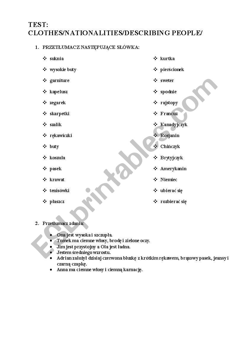 clothes/nationalities worksheet
