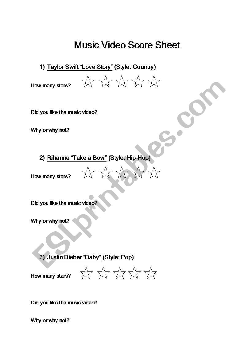 Music Video Rating Worksheet worksheet