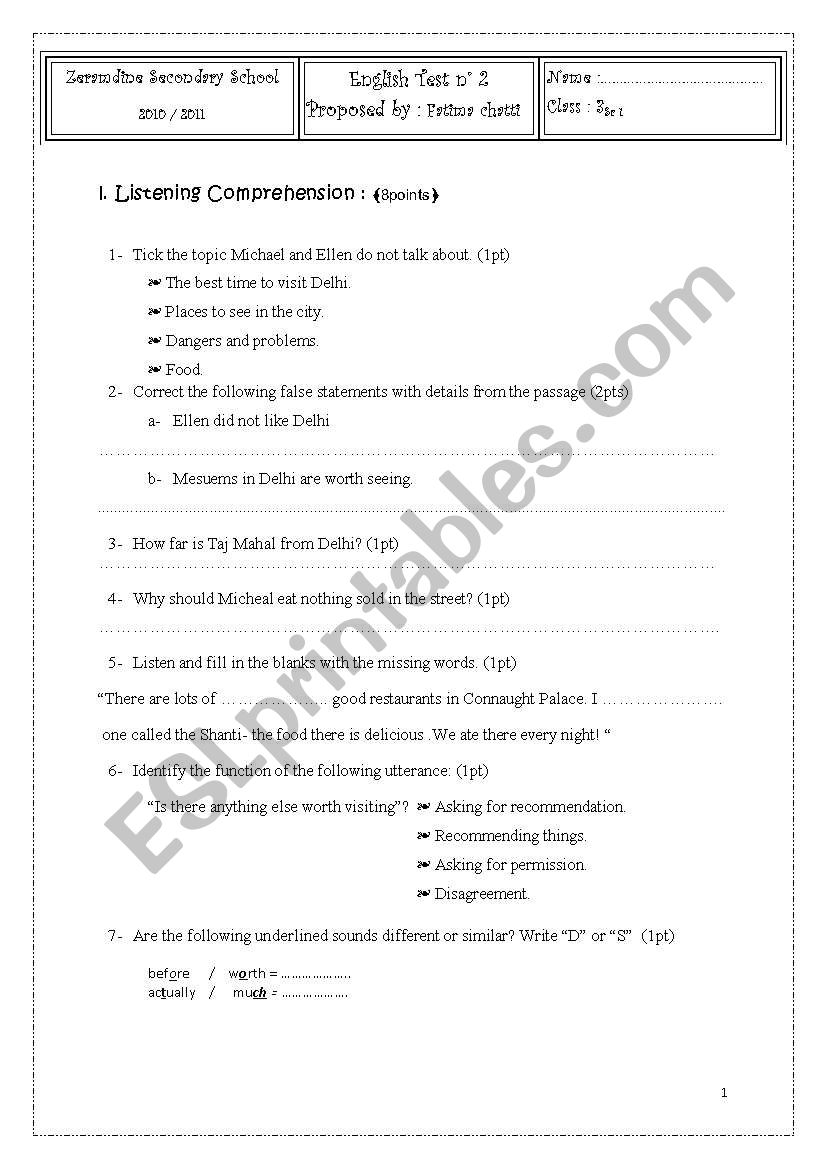 test for 3rd level tunisian students 