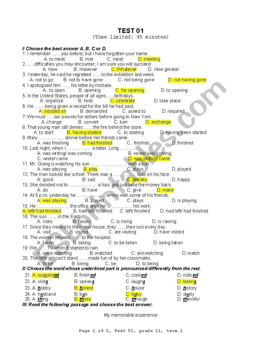 English test worksheet