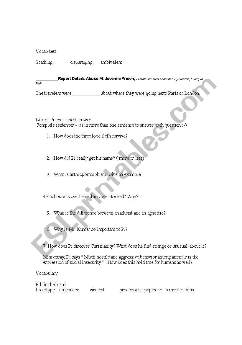 Life of Pi quiz worksheet