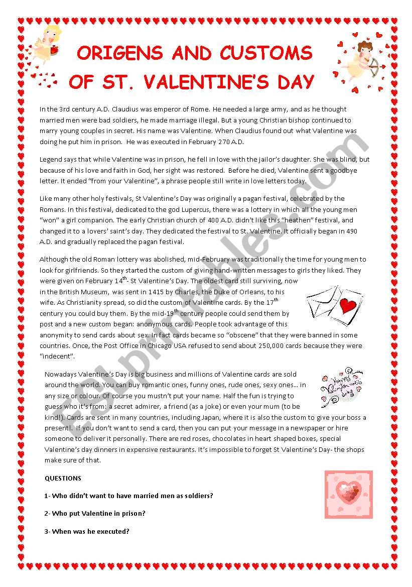 ORIGEN AND CUSTOMS OF ST.VALENTINE´S DAY. YOLANDA - ESL worksheet by ...