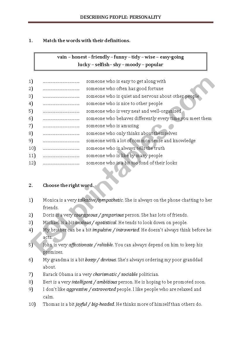 Personality - vocabulary & exercises