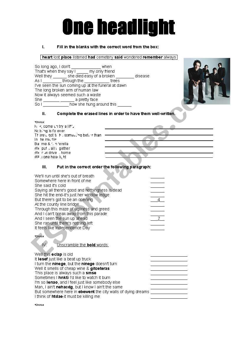 One headlight worksheet