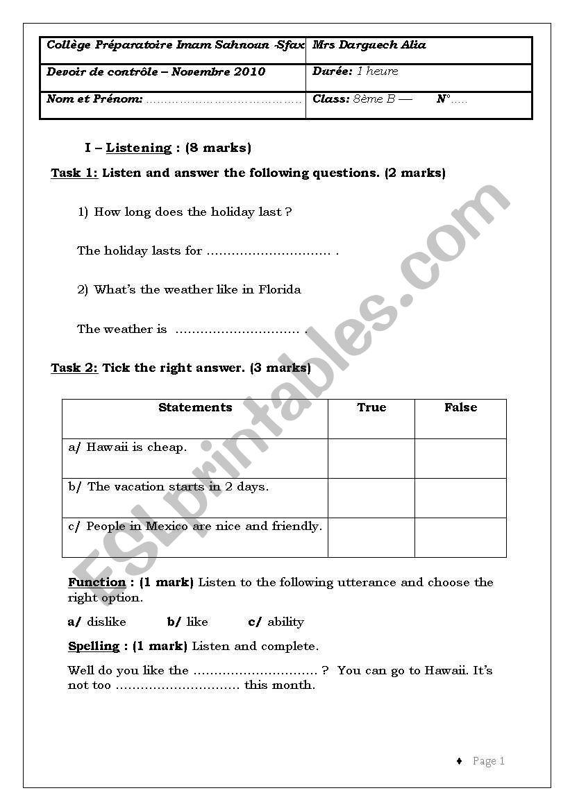 Test 1 8th form  worksheet