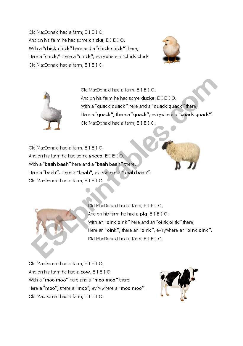 Song: Old MacDonald Had A Farm ESL Worksheet By Dottel, 58% OFF