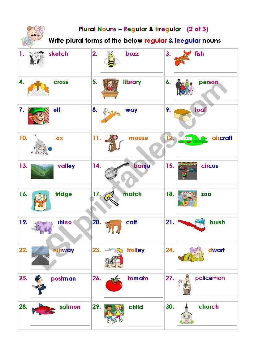 Plural Nouns – Regular & Irregular (2 of 3) - ESL worksheet by rueti