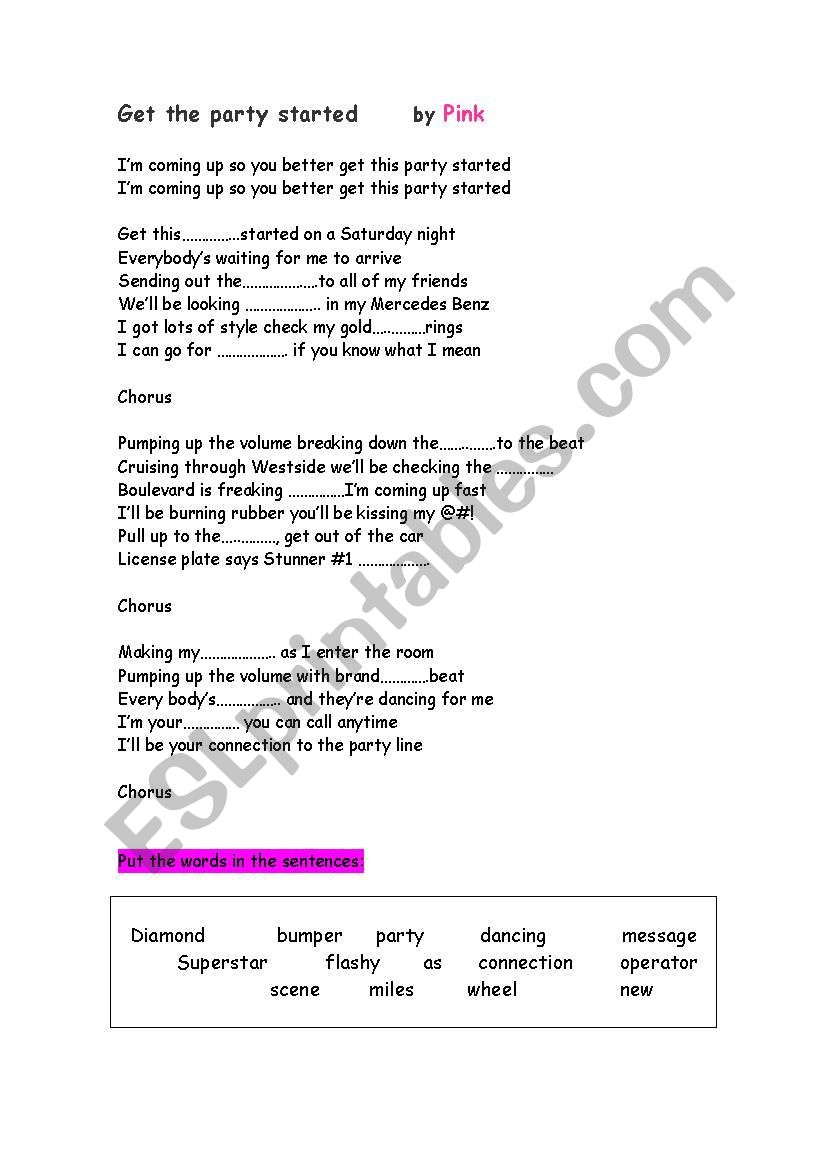 Get the Party Started by Pink worksheet