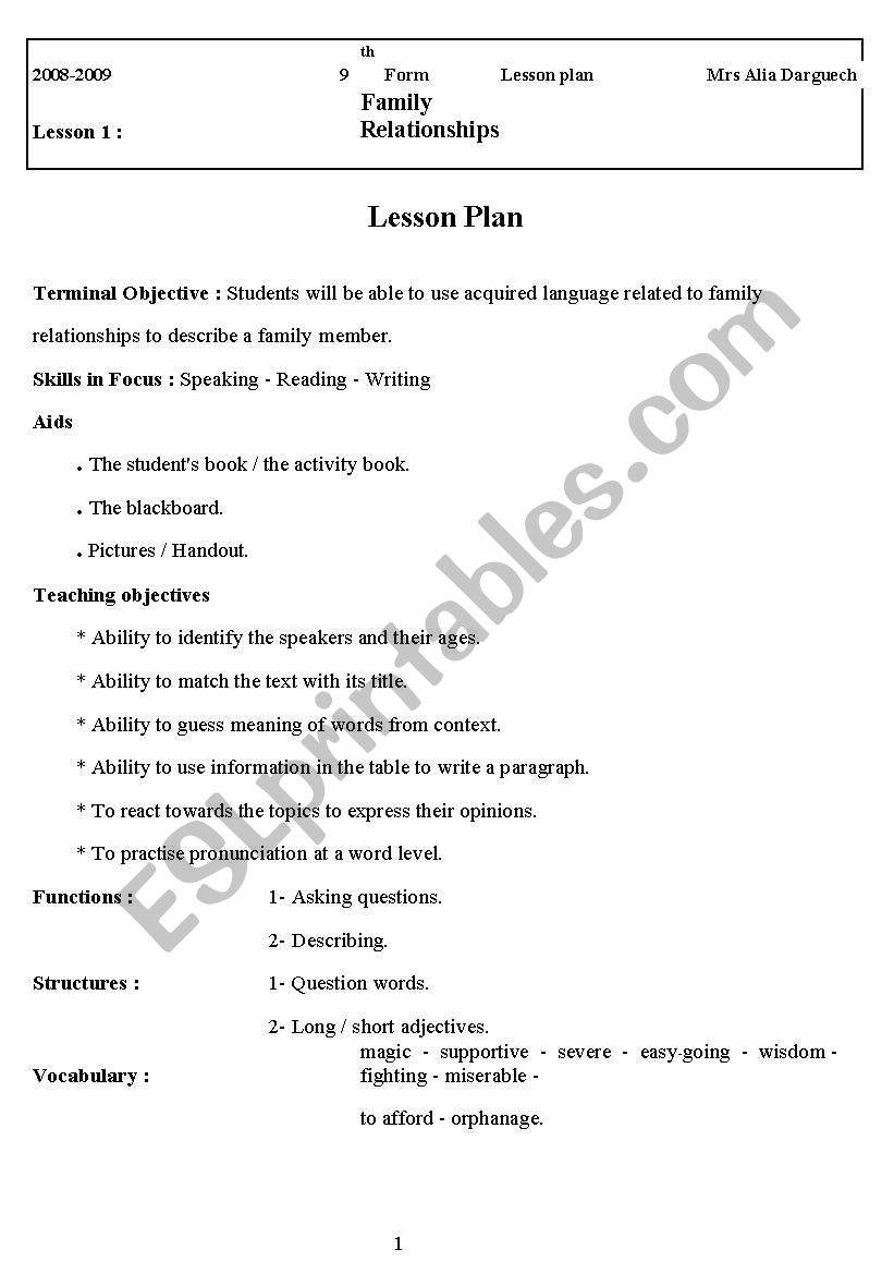 Leson Plan & Work sheet (Family Relationhips) 9th form