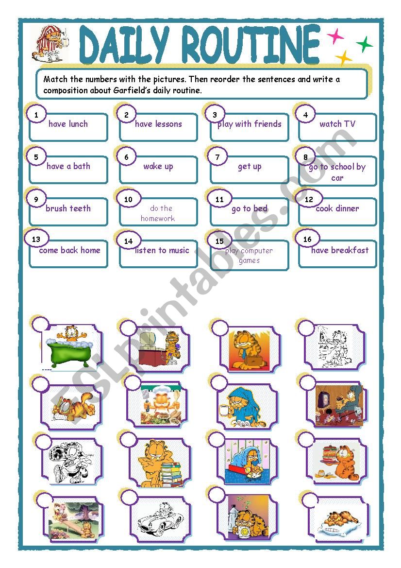 Garfield´s Daily Routine - ESL worksheet by margan