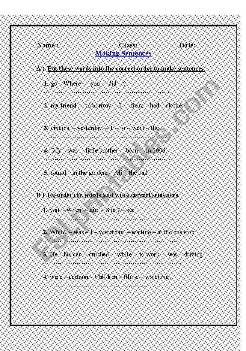 English Worksheets Reordering Sentences