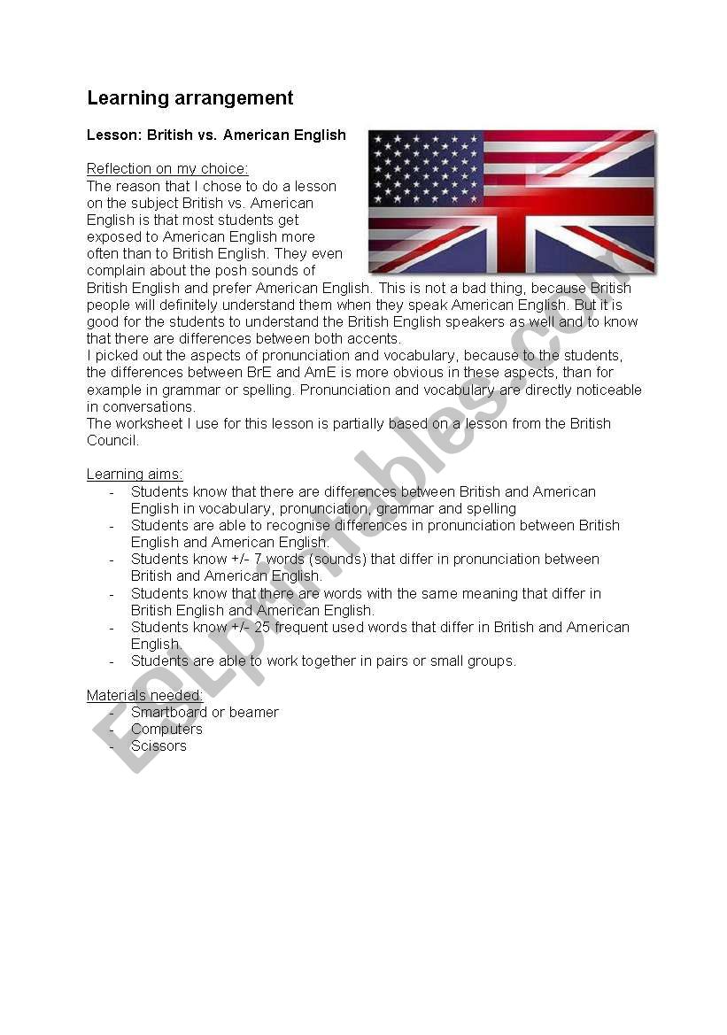 British Vs American English Complete Lesson plan ESL Worksheet By 