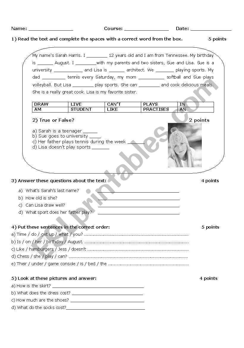 Test to Evaluate Present  Simple and Vocabulary Connected to Routine