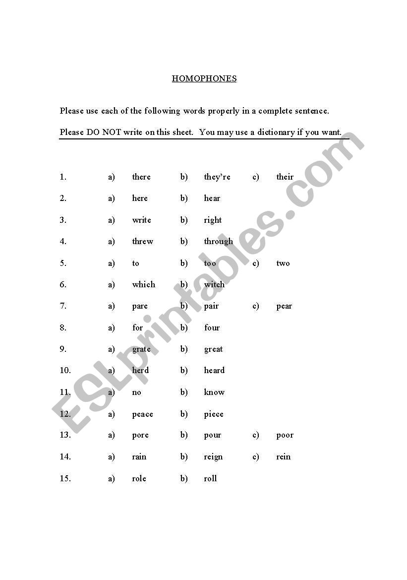 Homophones worksheet