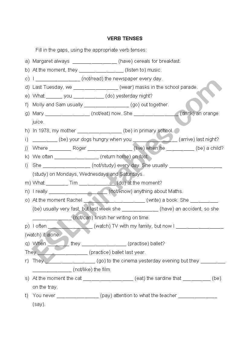 verb tenses worksheet