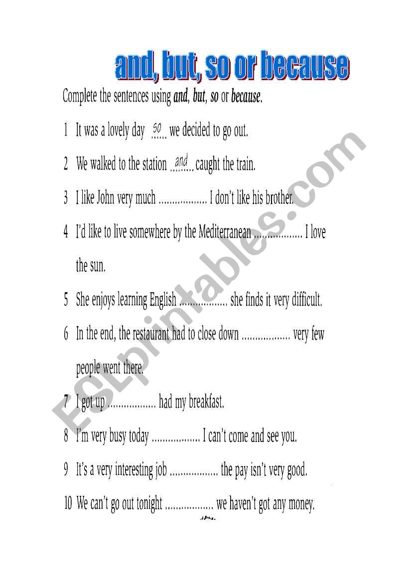 And but so Or Because ESL Worksheet By Emansoliman