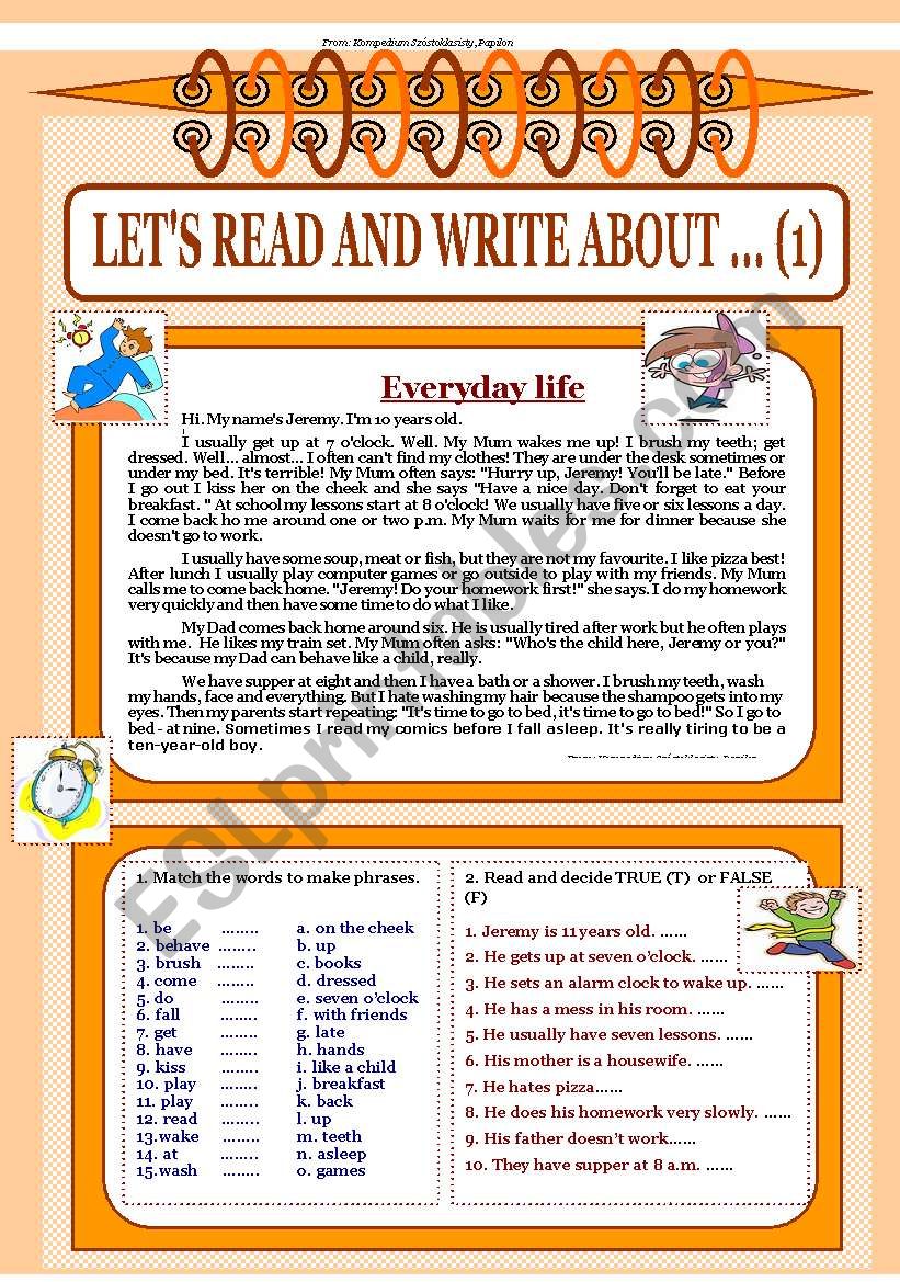 Let´s read and write about ..(1) - Everyday life. - ESL worksheet by Myszka