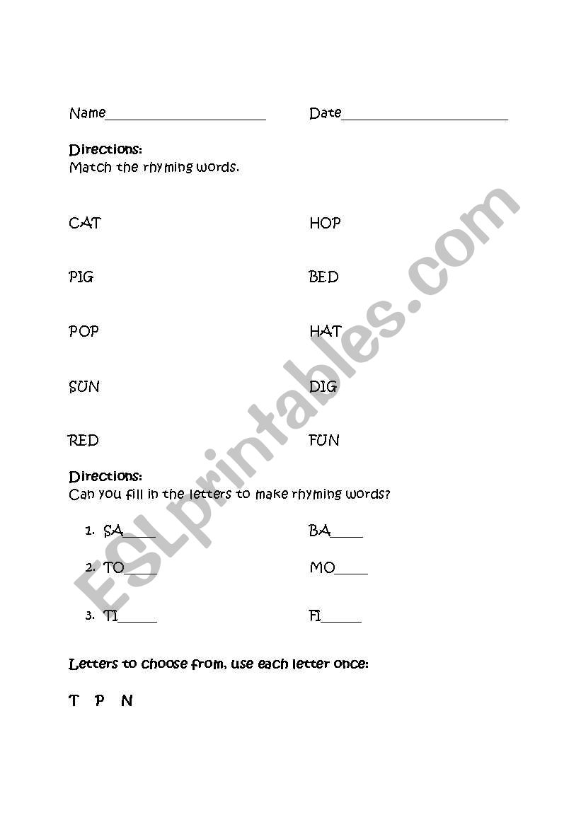 Hop on Pop Rhyme Worksheet worksheet