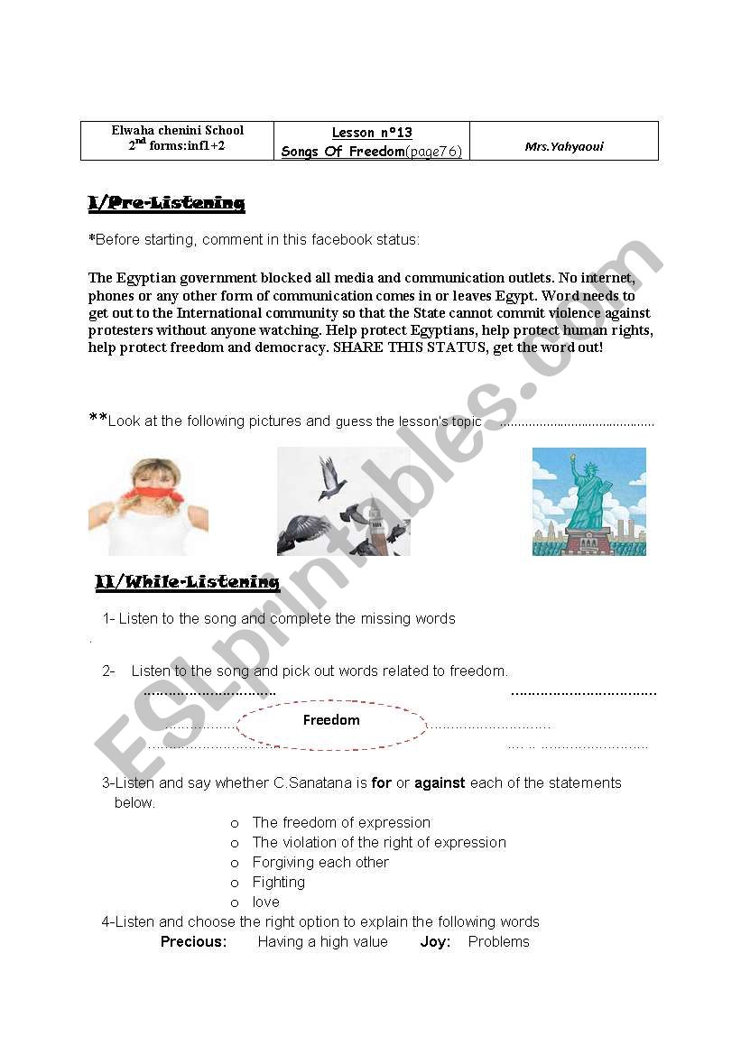 lesson n°13:Songf Of Freedom - ESL worksheet by om aziz