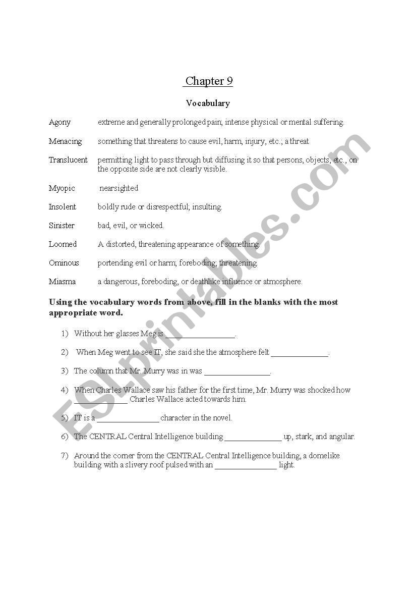 Chapter 9, A Wrinkle in Time worksheet