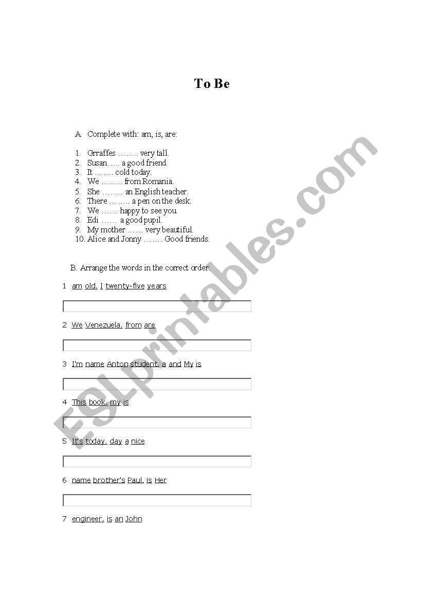 To Be exercices worksheet