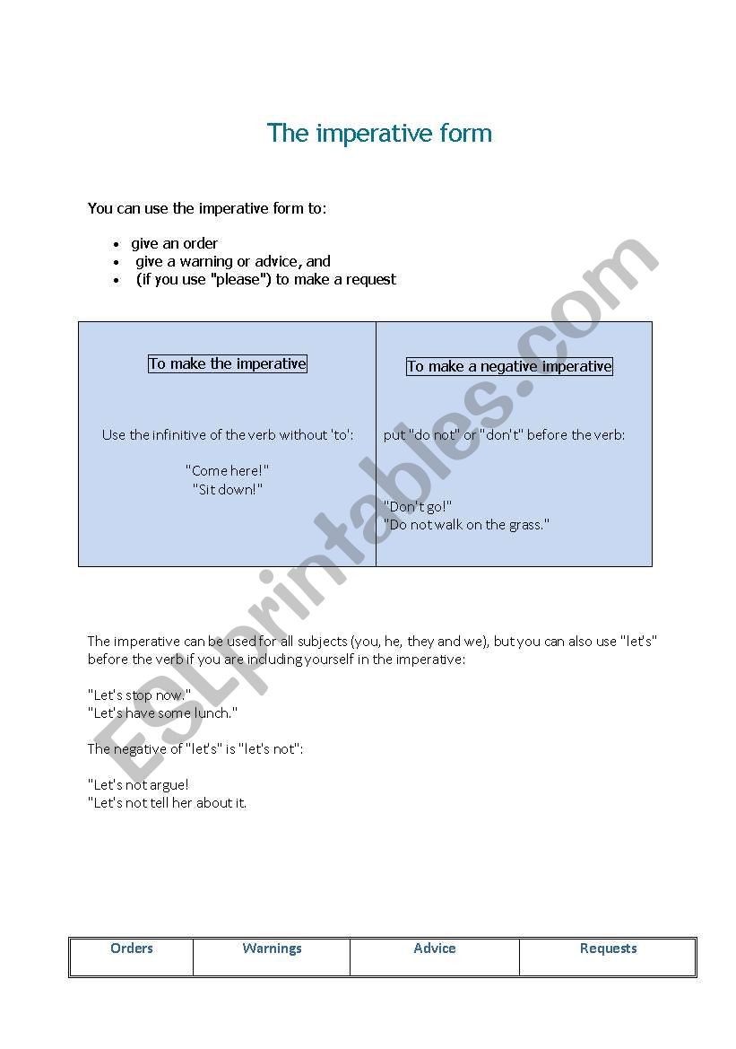 The imperative form worksheet