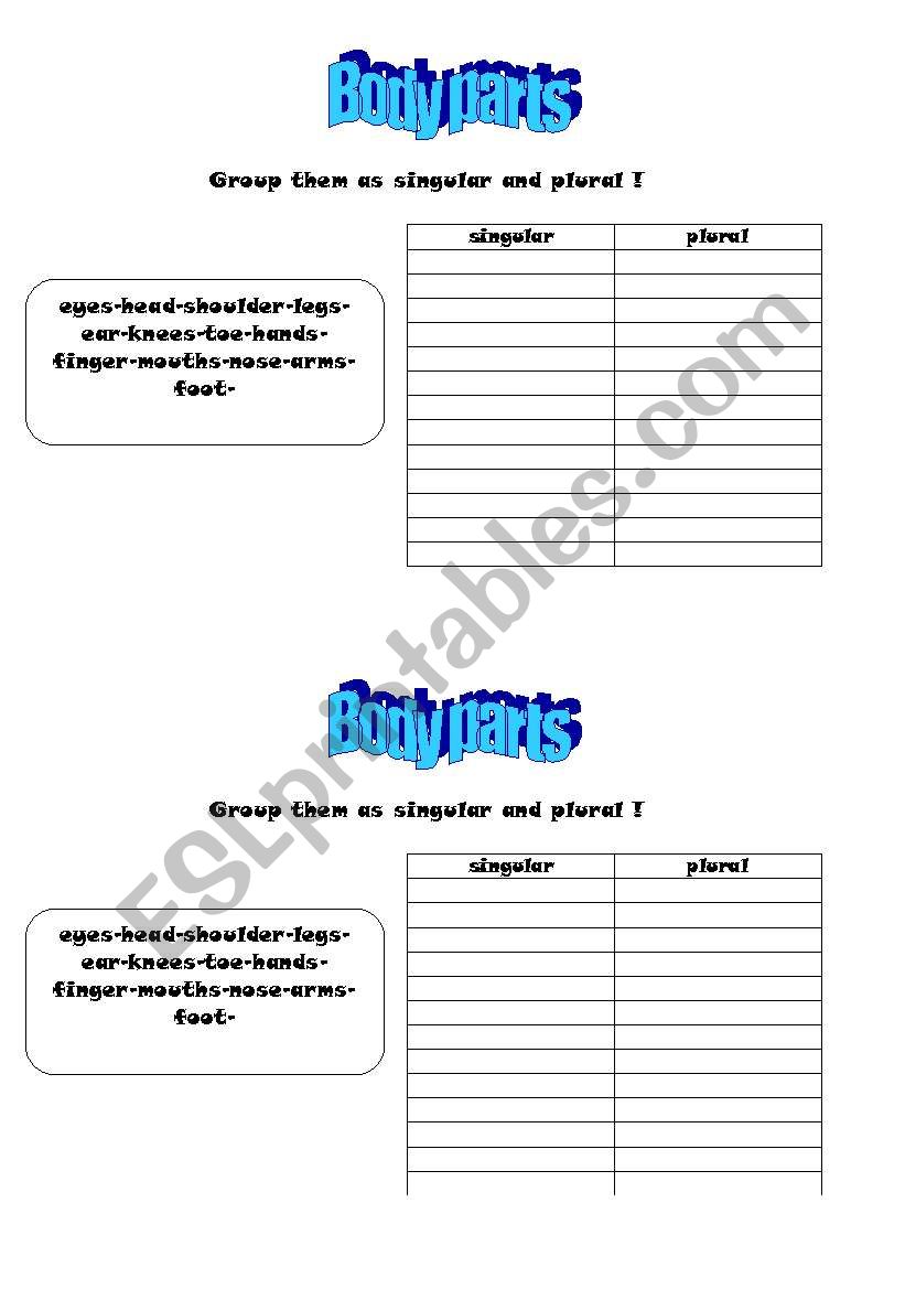 singular-plural,body parts worksheet