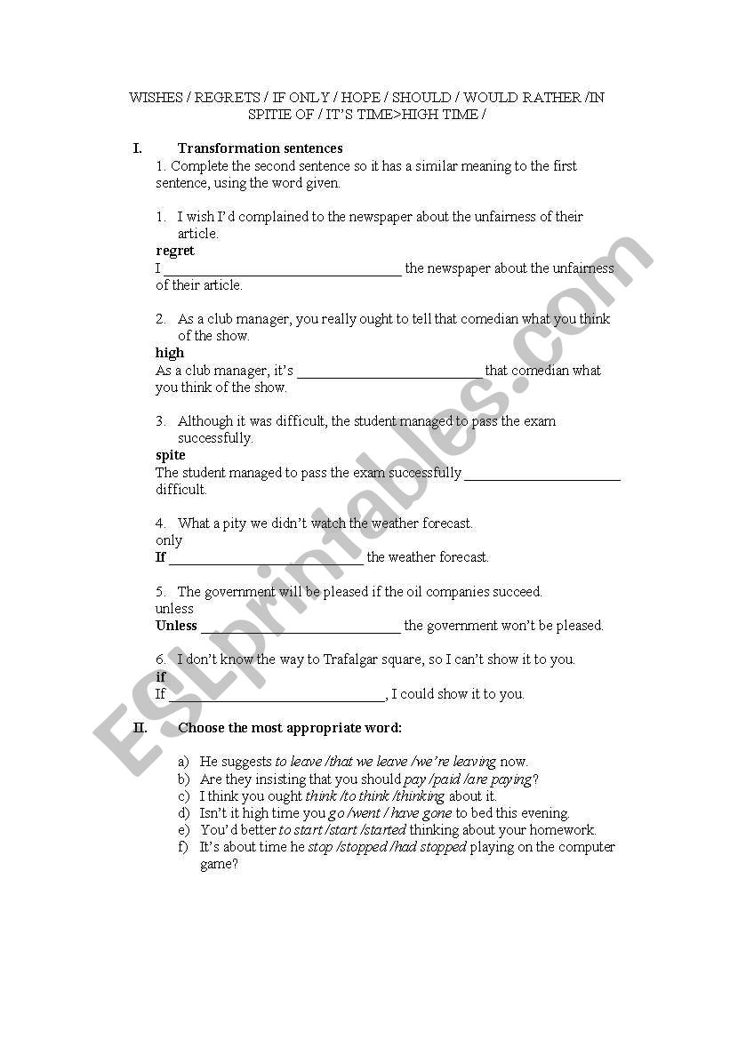 wishes worksheet