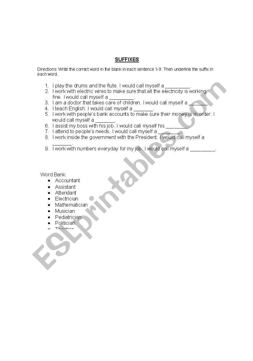 Suffixes Profession Practice worksheet