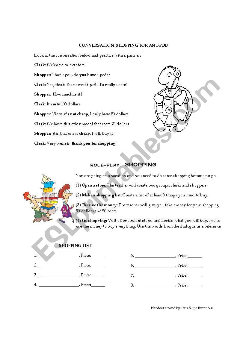 shopping activity worksheet