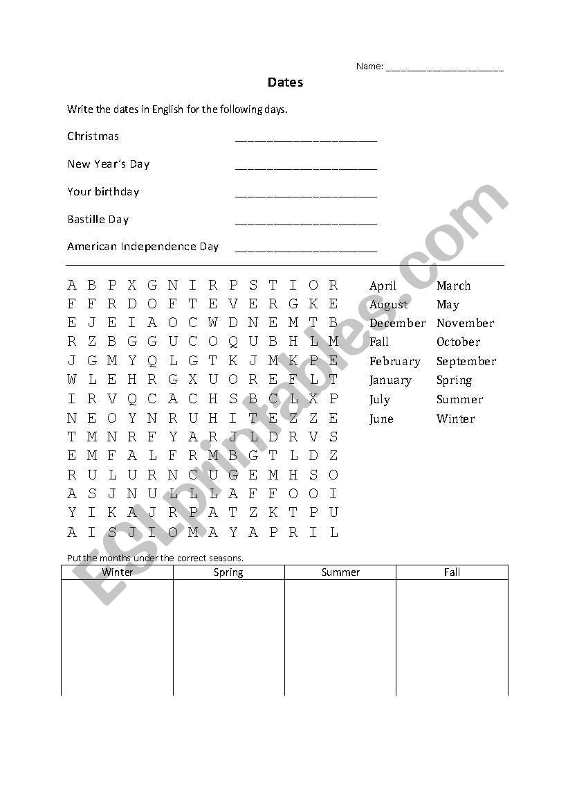 Months, seasons and dates worksheet