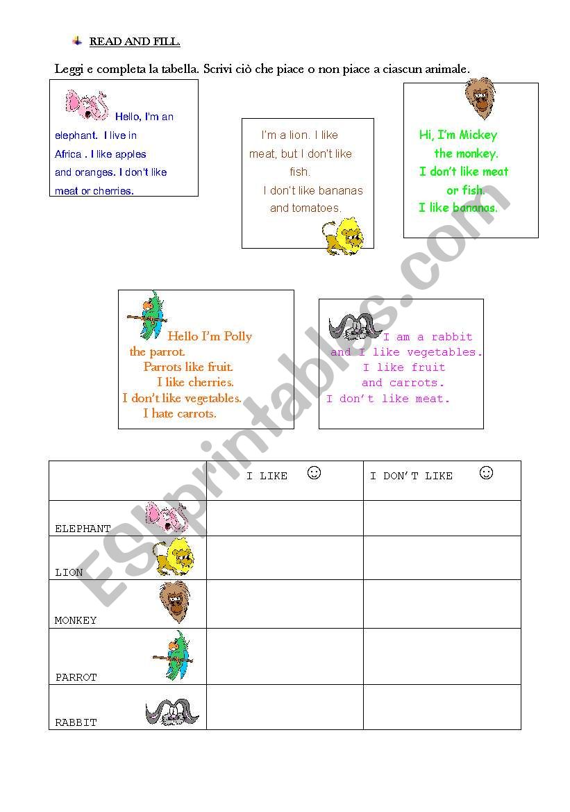 Read and fill worksheet