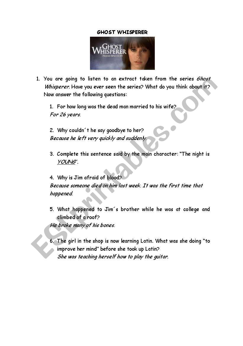 Ghost Whisperer pilot episode worksheet