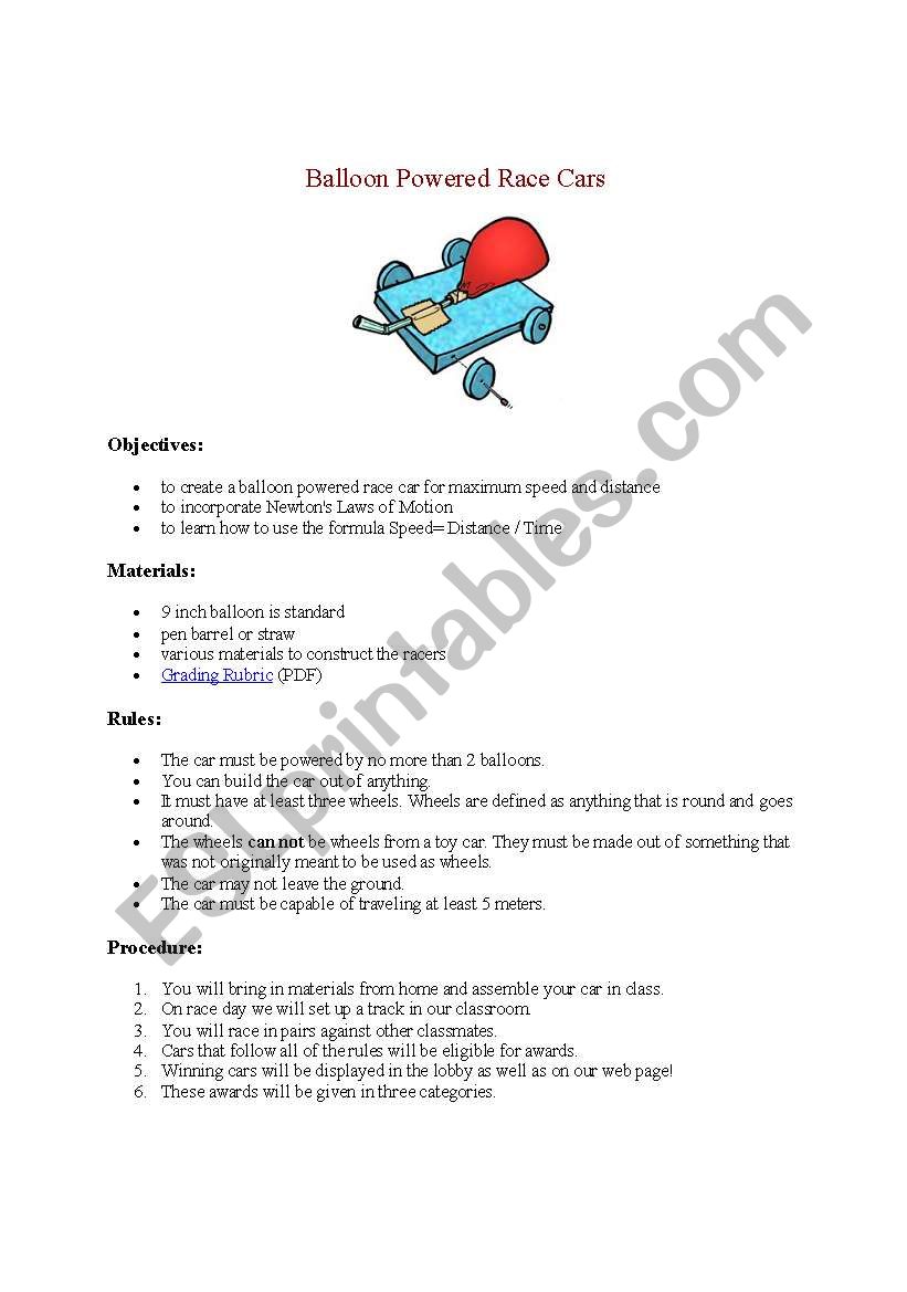 English Worksheets Balloon Car Racer