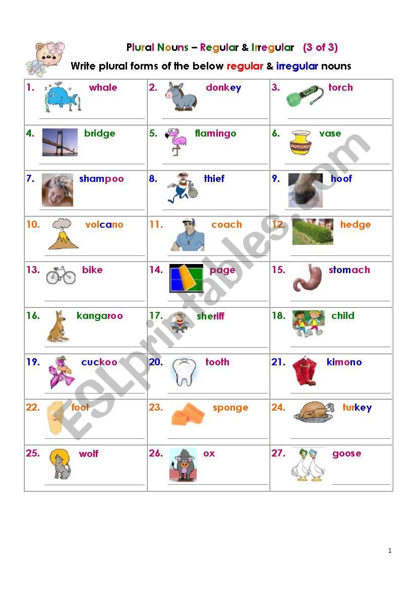 Plural Nouns – Regular & Irregular (3 of 3) - ESL worksheet by rueti