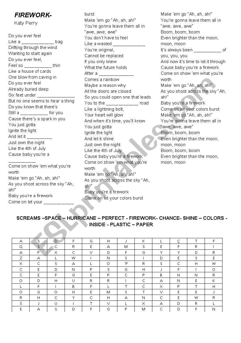 SONG - FIREWORK worksheet