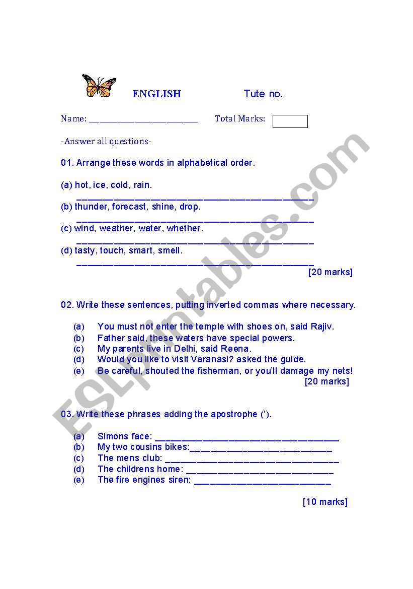 English test for Grade 3 worksheet