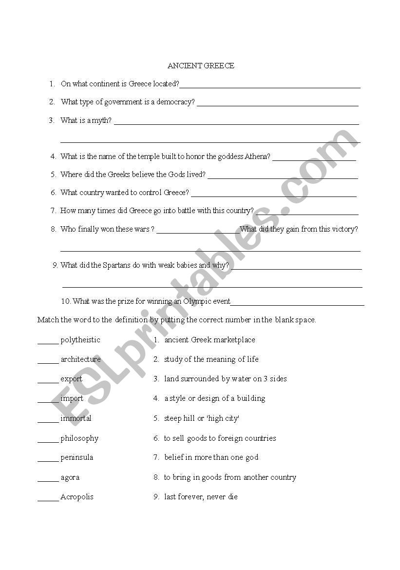 English Worksheets Ancient Greece Mini Quiz